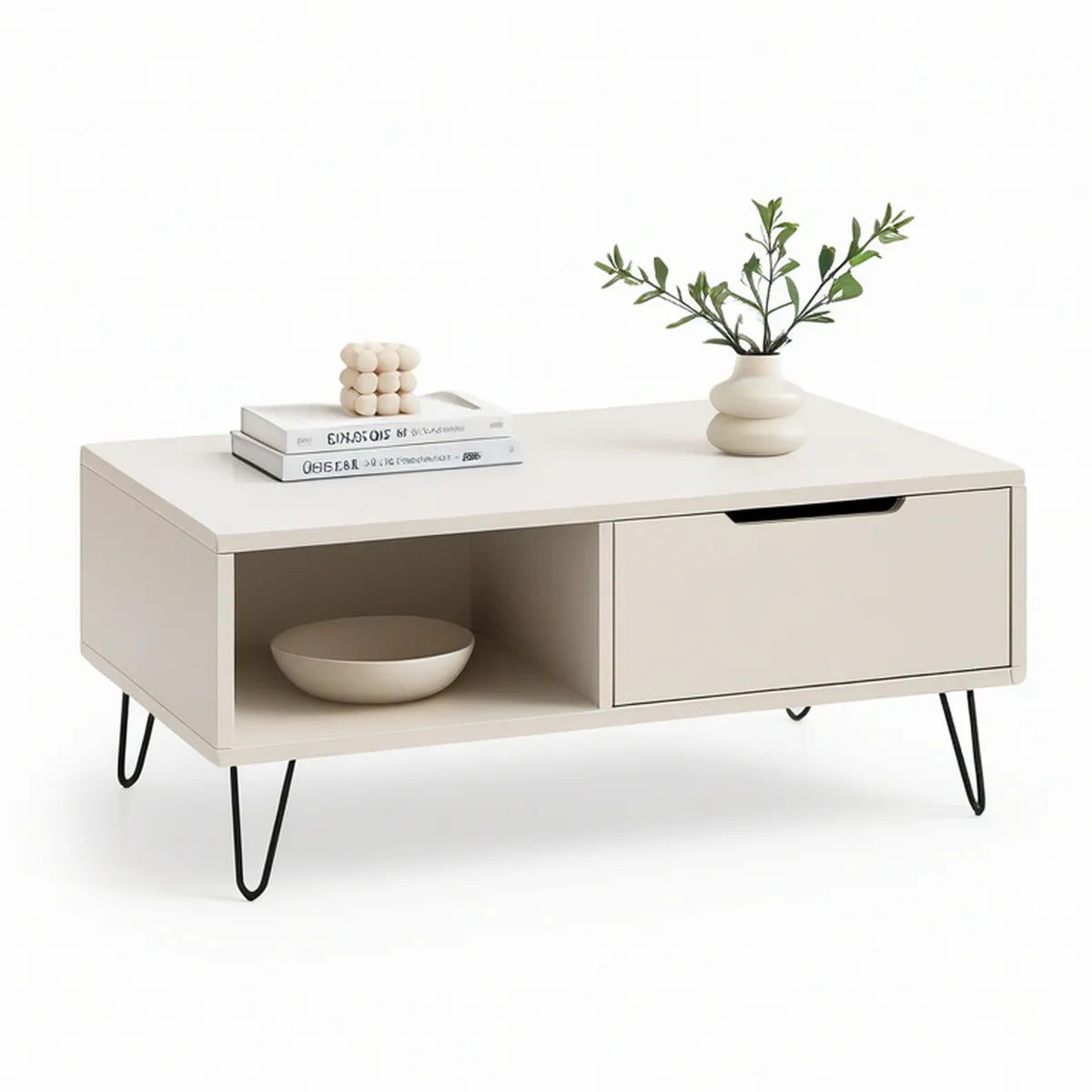Rechteckiger Salontisch aus MDF mit Schublade und offenem Fach, Cremeweiss/Schwarz, 100 x 50 x 45 cm