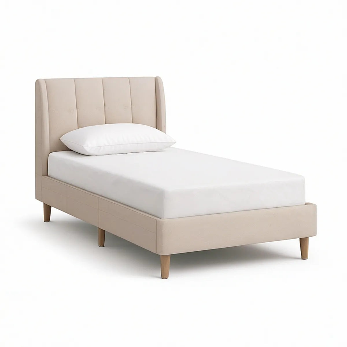 Gepolstertes Einzelbett 90 x 200 cm mit hohem Kopfteil, Beige