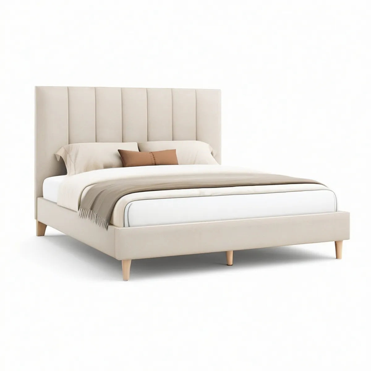 Gepolstertes Doppelbett 160 x 200 cm in Creme mit Naturholzfüssen