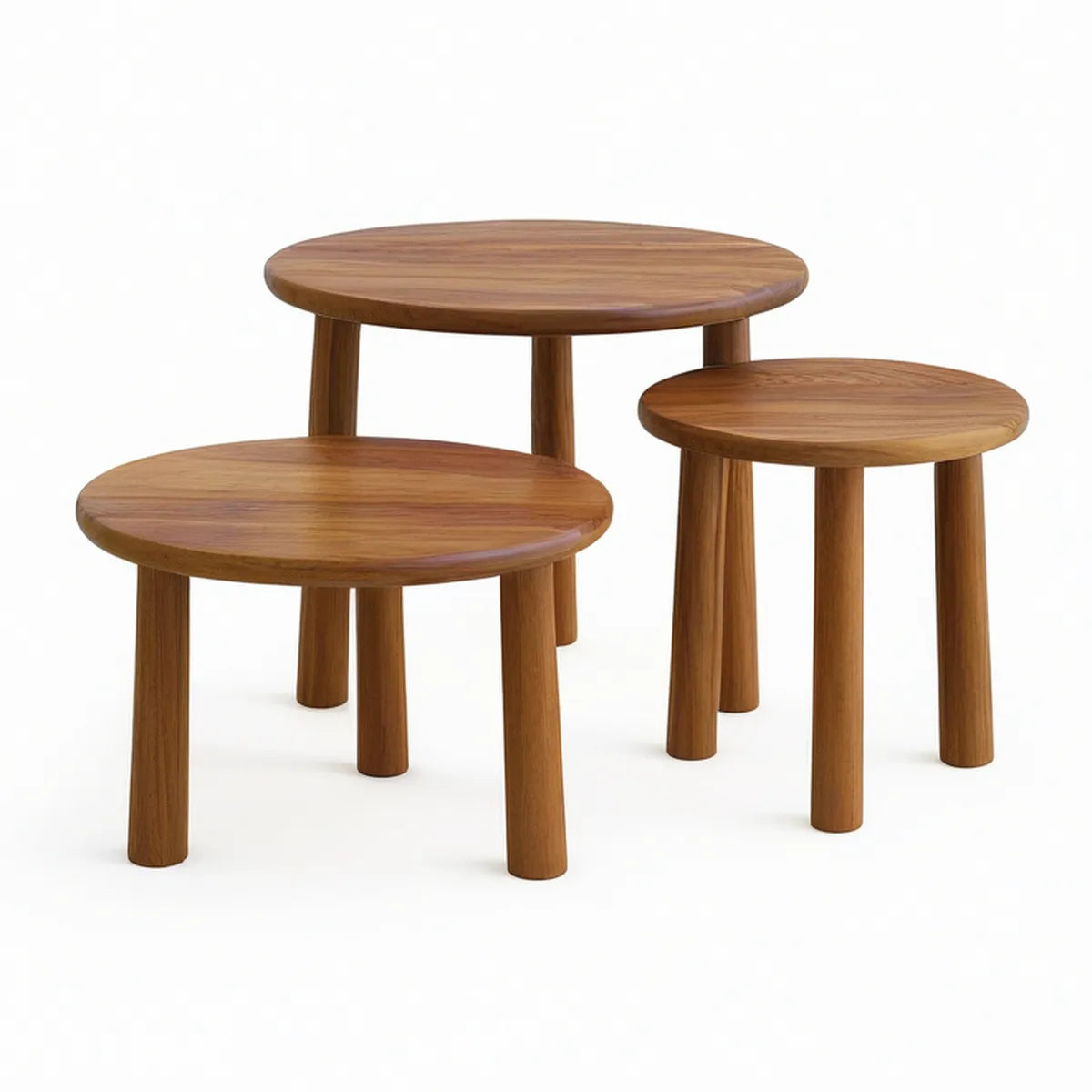 3-teiliges Set runder Beistelltische aus Massivholz, Braun – Ø 70 x 45 cm, Ø 60 x 40 cm, Ø 50 x 35 cm