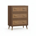 Sideboard mit 3 Schubladen, Walnussfurnier und Rattangeflecht, Walnussbraun/Natur/Messingfarben, 90 x 45 x 120 cm