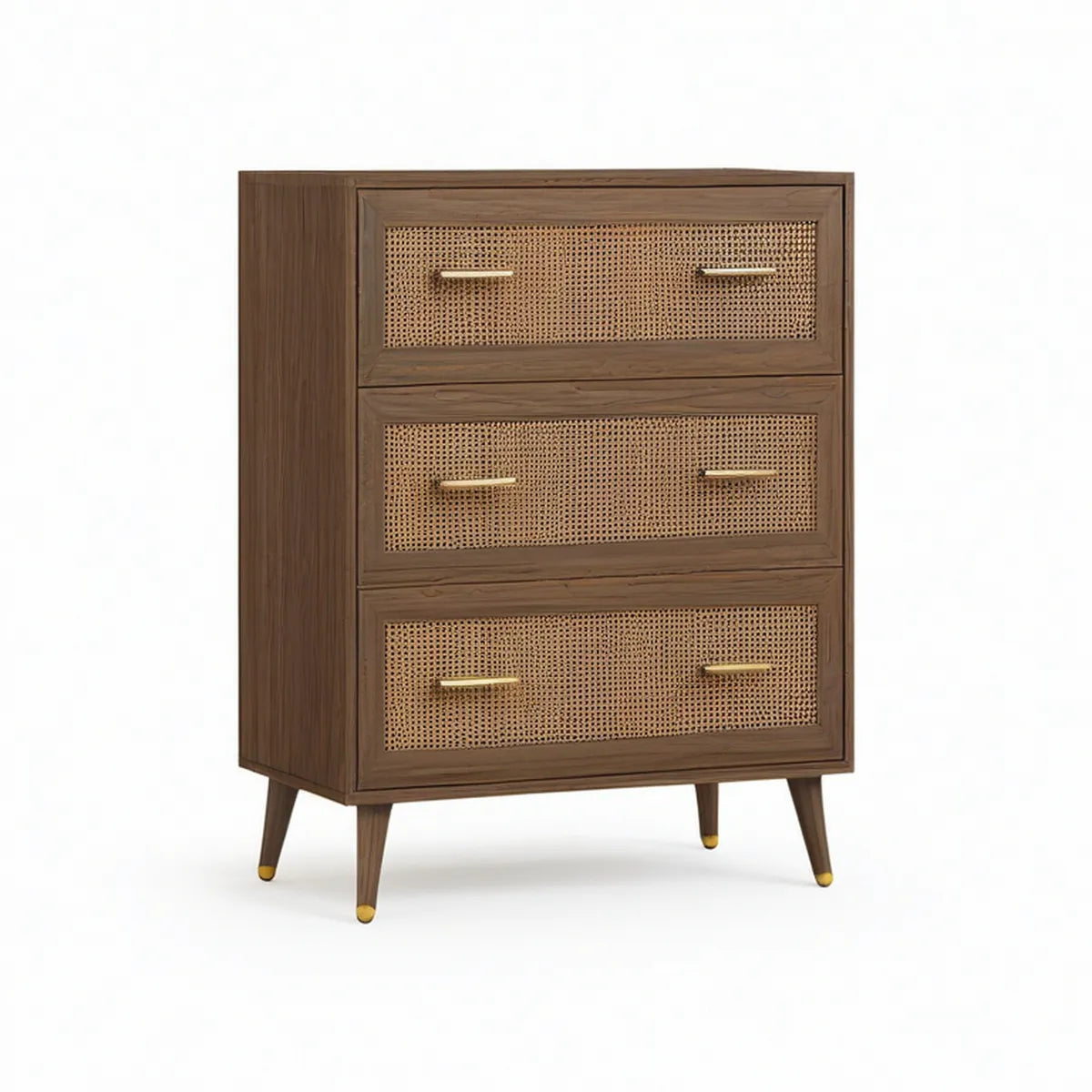 Sideboard mit 3 Schubladen, Walnussfurnier und Rattangeflecht, Walnussbraun/Natur/Messingfarben, 90 x 45 x 120 cm