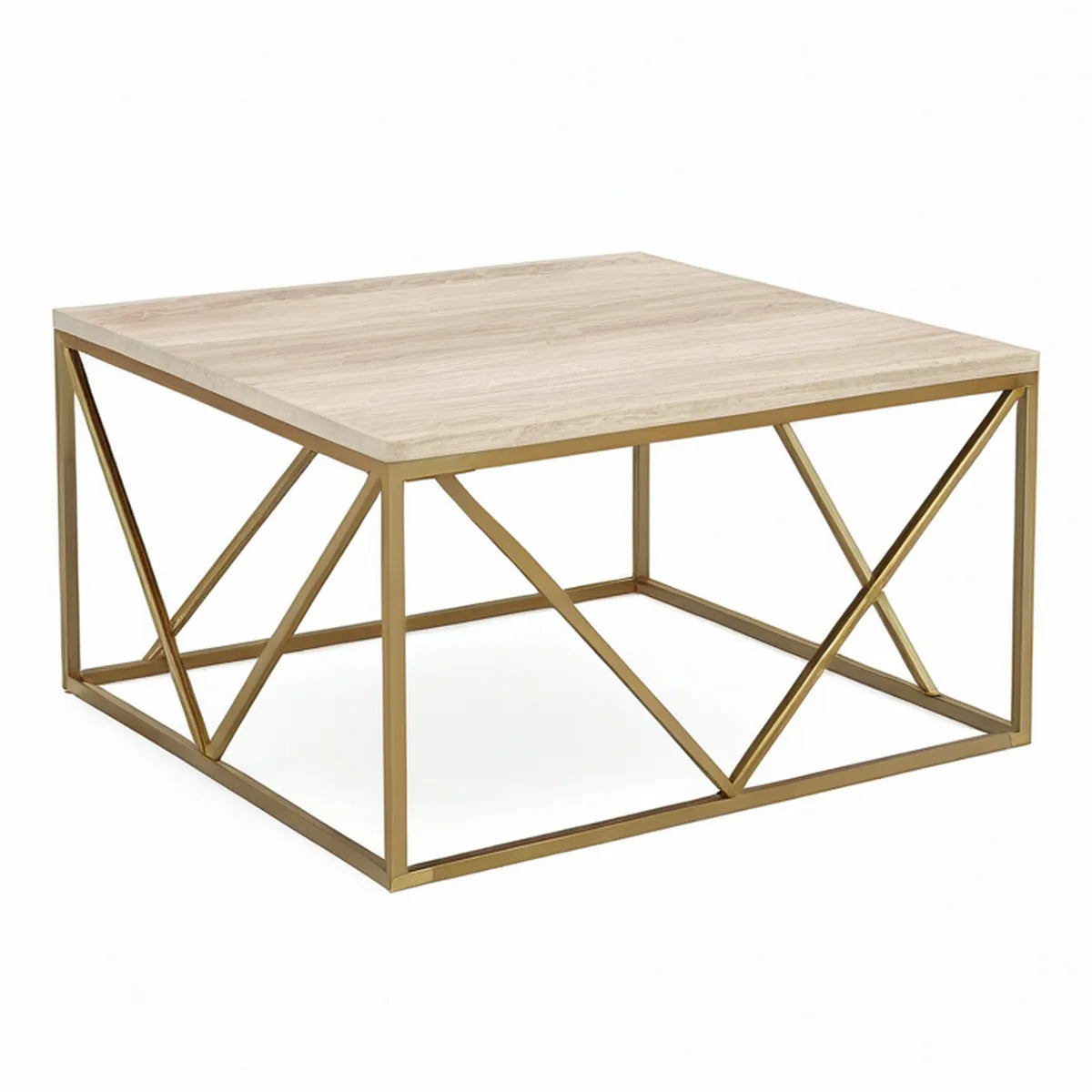 Quadratischer Couchtisch 80 x 80 x 45 cm in heller Eichenoptik und Gold