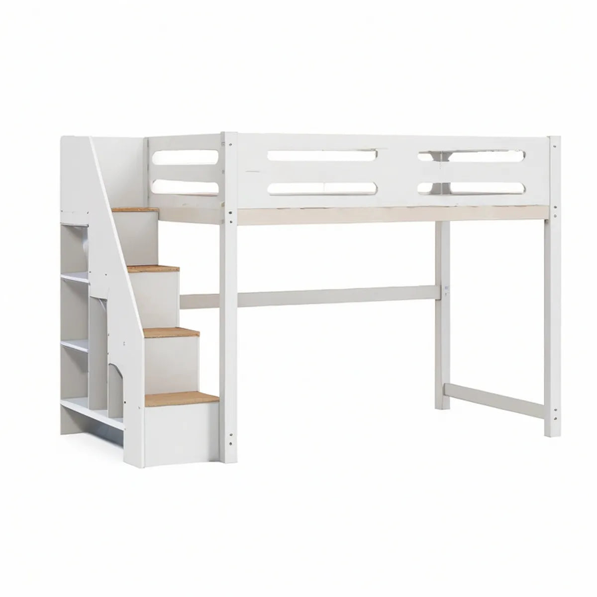 Halbhohes Kinderbett 90 x 200 cm mit Treppe und Regal, Weiss/Natur, MDF und Kiefernholz